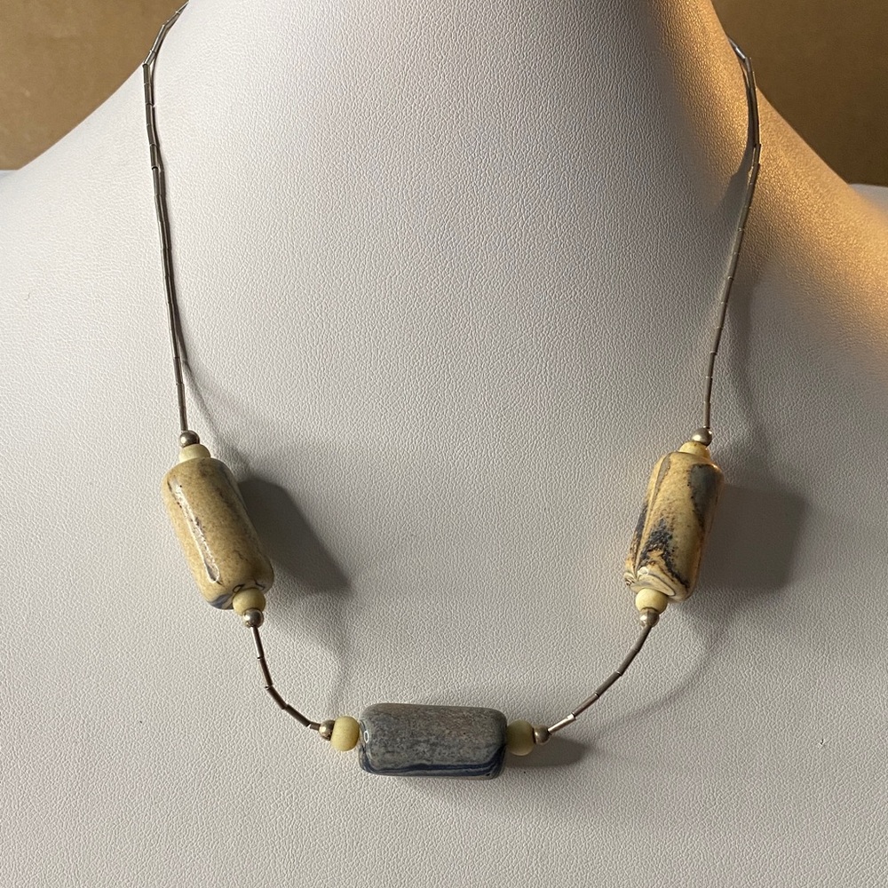 10/$10 Handcrafted Beige and Gray Ceramic Bead Necklace liquid silver